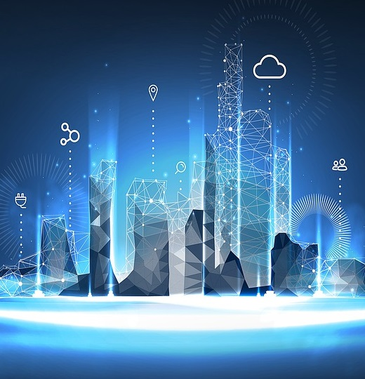 Glowing blue digital city beneath a cloud symbol