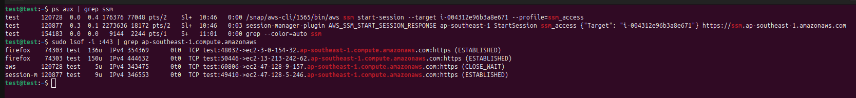 Operator terminal showing the AWS CLI Session Manager process and HTTPS connections